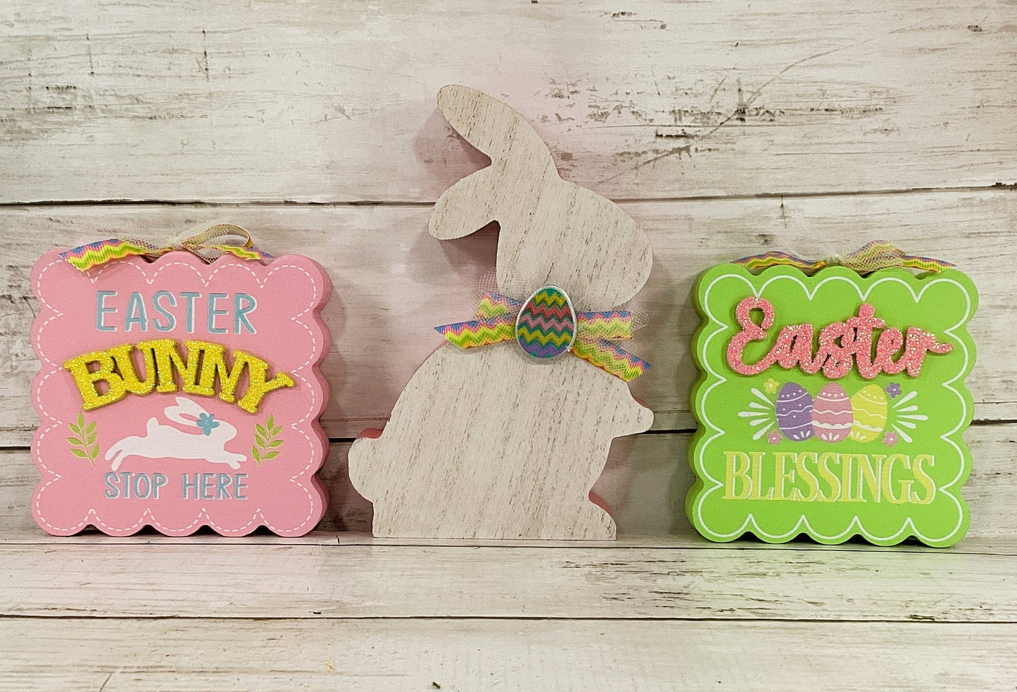 AGD Easter Decor - Chunky Wood Pastel Bunny & Signs 3pc Set