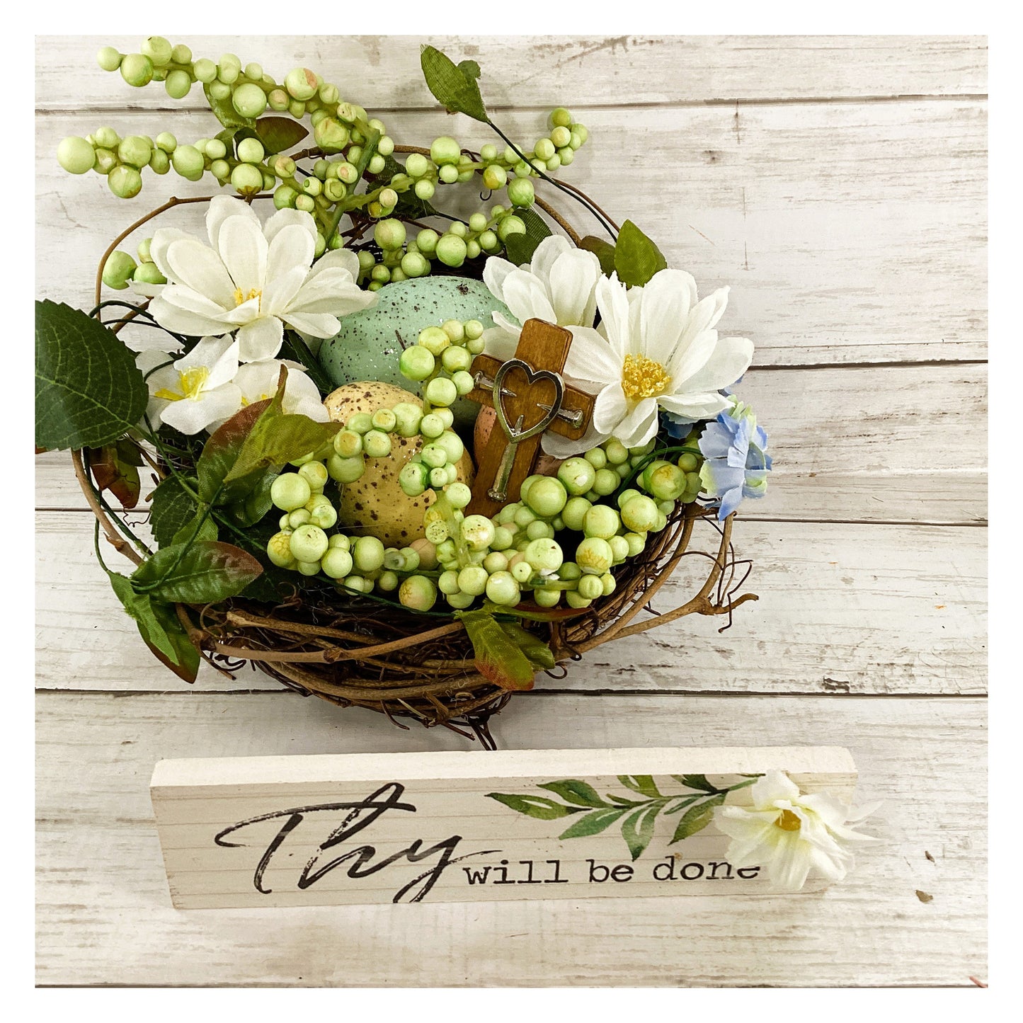 AGD Easter Spring Decor - Thy Will BE Done Floral Birds Nest Display