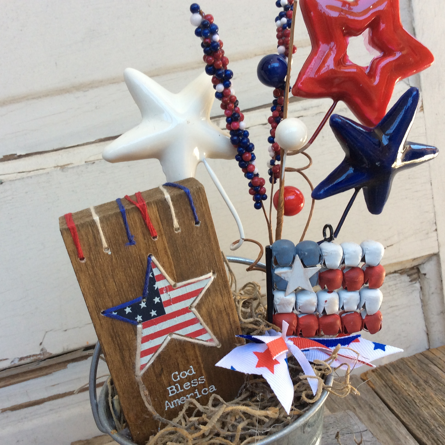 AGD Patriotic Decor - God Bless You TIn Pail Display