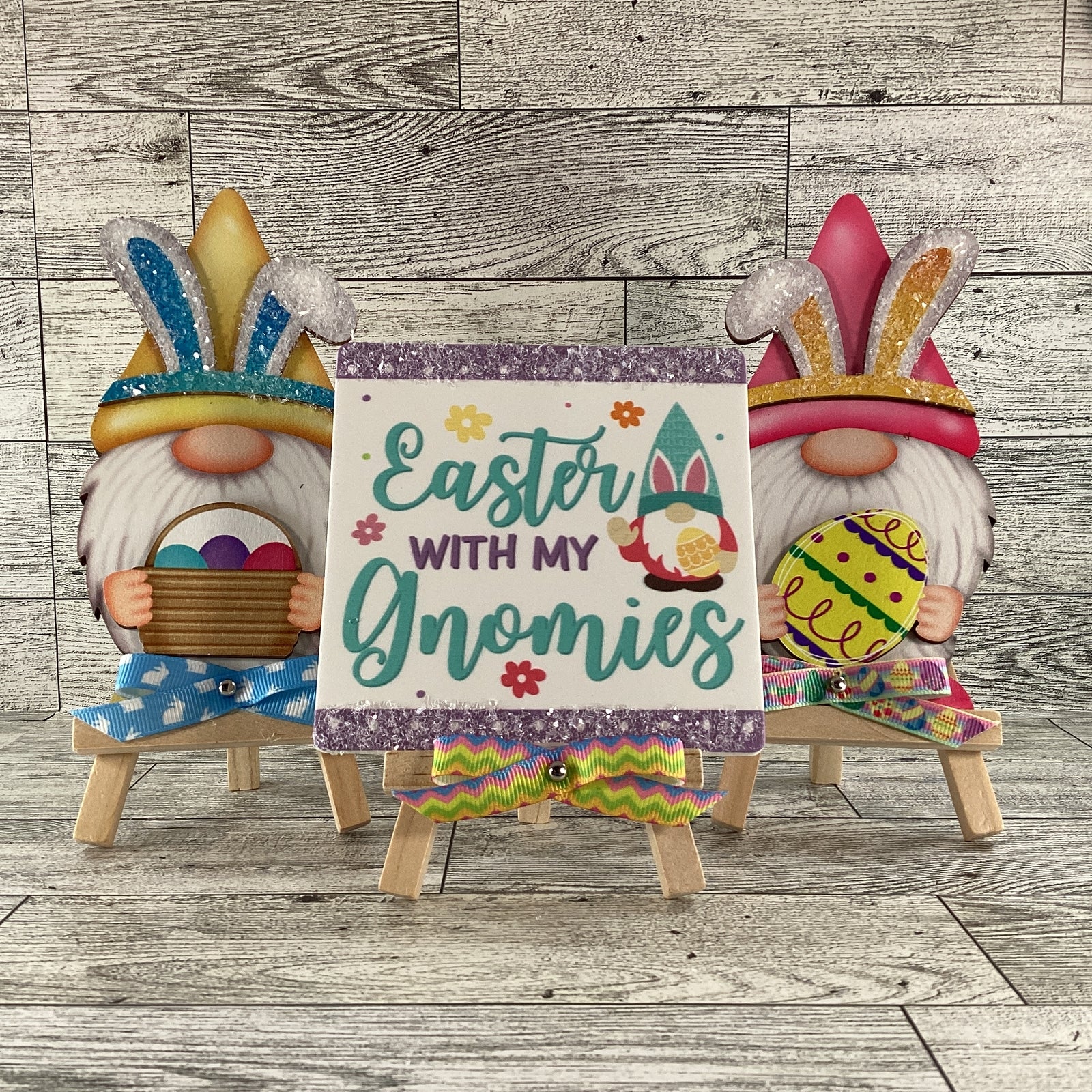 AGD Easter Decor - Wood Gnome Glitter Bunny Rabbit Tier Tray 3pc Set