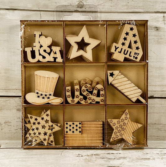 HL Patriotic Craft Supply - Small Unfinished Wood JUly 4th Icons 54pc