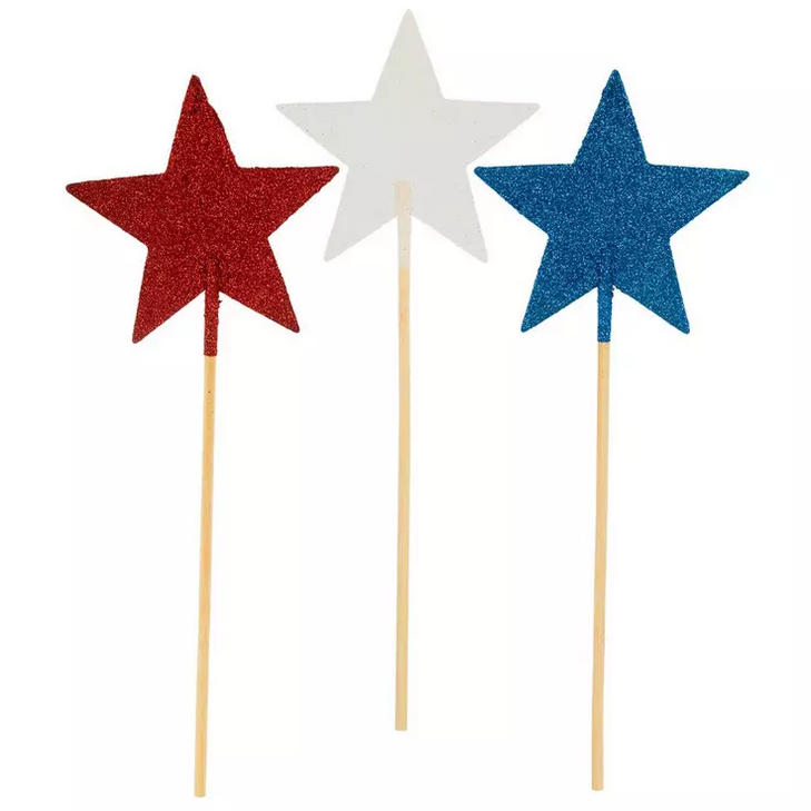 HL Patriotic Craft Decor - Glitter Red White Blue Star Picks 3pc