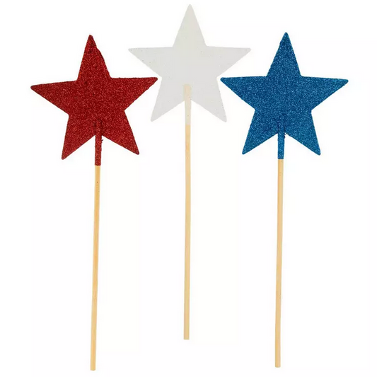HL Patriotic Craft Decor - Glitter Red White Blue Star Picks 3pc