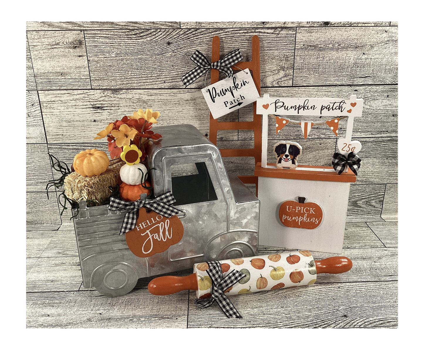 AGD Fall Decor - Pumpkin Metal Truck Rolling Pin Booth Ladder Tier Tray