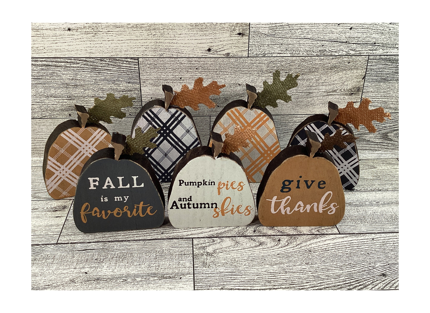Fall Decor - Small Wood Watercolor Plaid Pumpkins Tier Tray 9pc Set