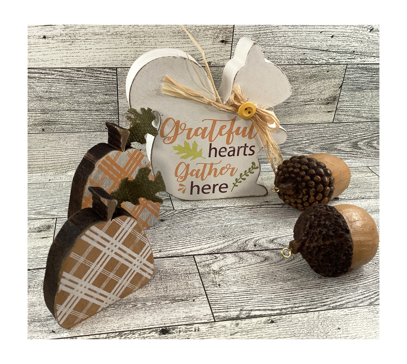AGD Fall Decor - Chunky Wood Grateful Squirrel Pumpkins Resin Acorns 5pc