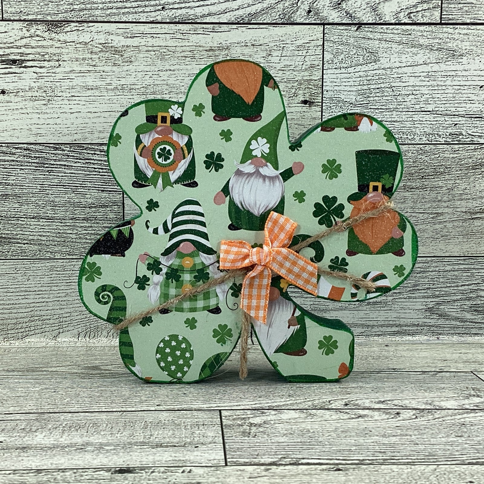 AGD Saint Patrick Decor - Irish Gnome Chunky Wood Shamrock Sitter