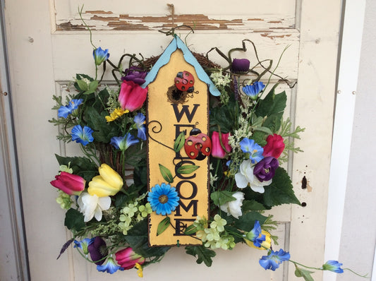 AGD Spring Summer Decor - Welcome Yellow Birdhouse Grapevine Floral Wreath
