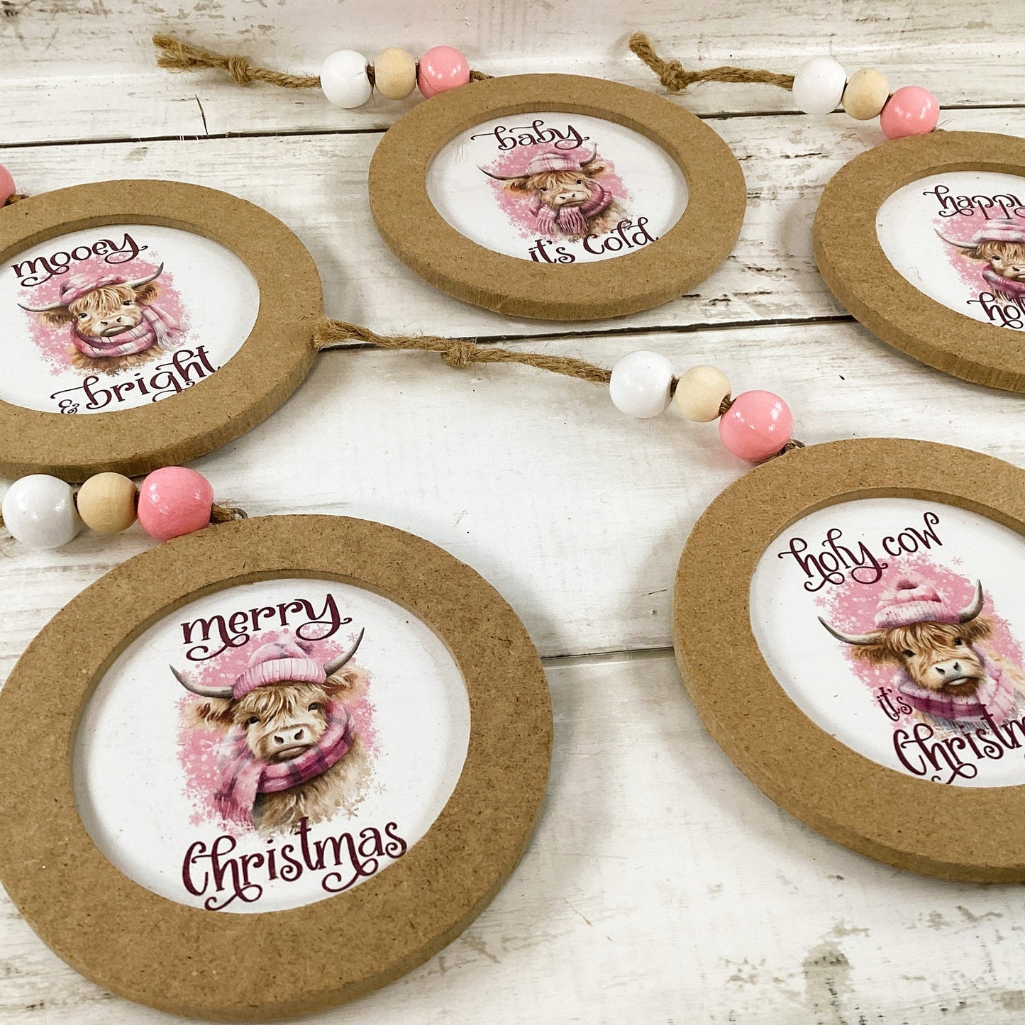 AGD Christmas Decor - Pink Highland Scottish Cow Ornaments 4pc Set