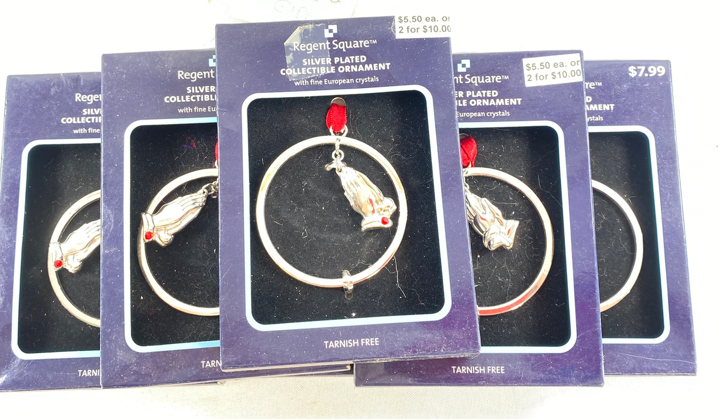 Christmas Decor - Praying Hands Silver Plated Collectible Ornaments 5pc