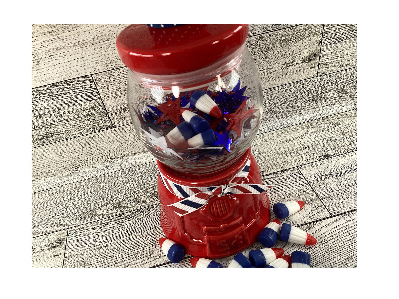 AGD Patriotic Decor - Small Ceramic Red Gumball Jar Resin Fake Candy Corn