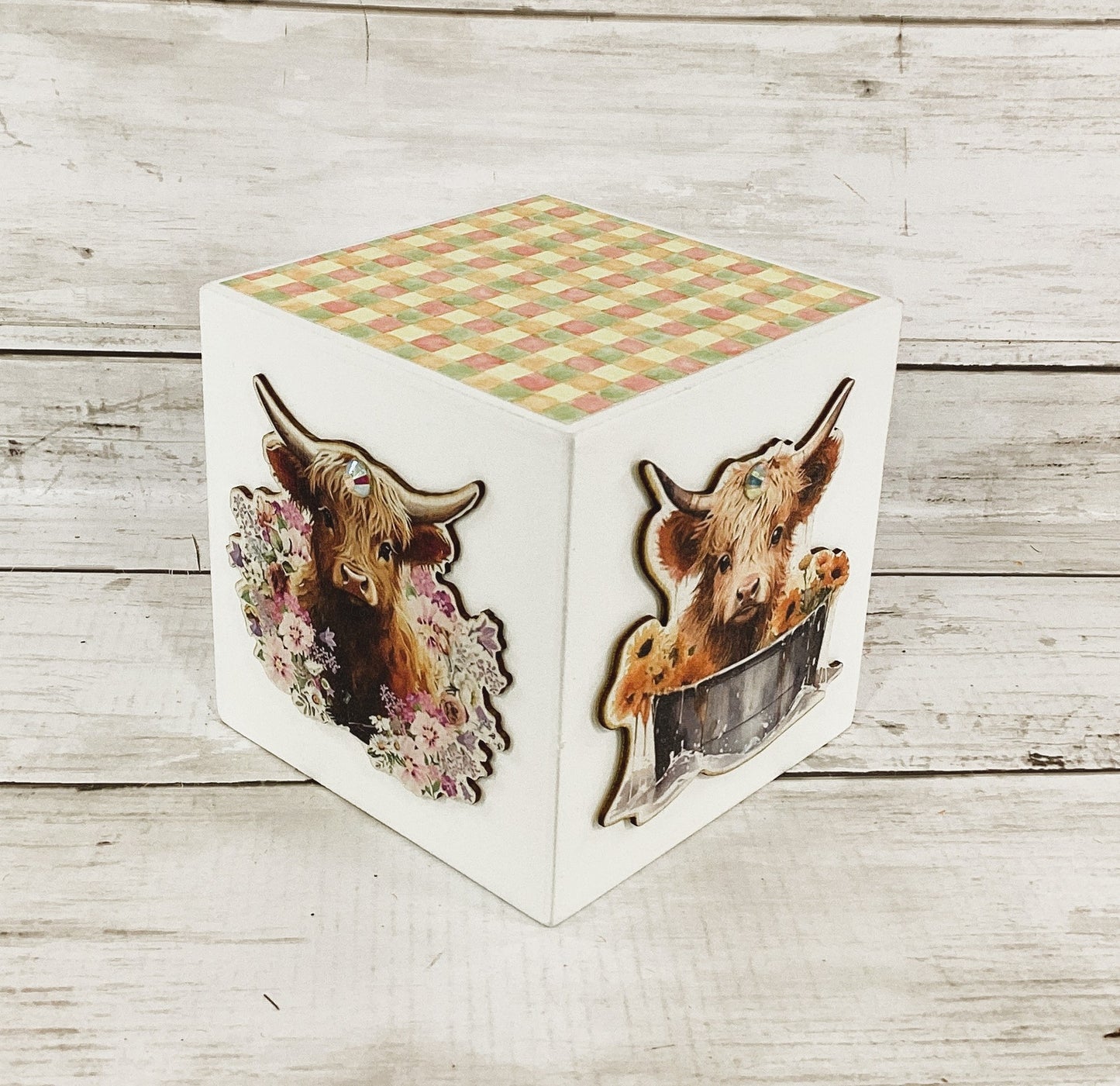 AGD Spring Decor - Floral Flower Highland Cow Chunky Block Sign 1pc