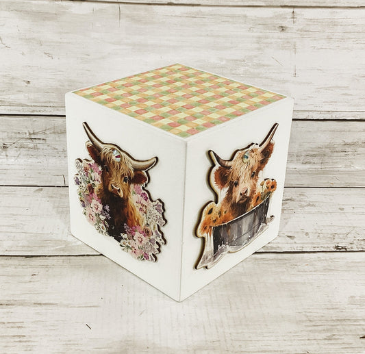 AGD Spring Decor - Floral Flower Highland Cow Chunky Block Sign 1pc