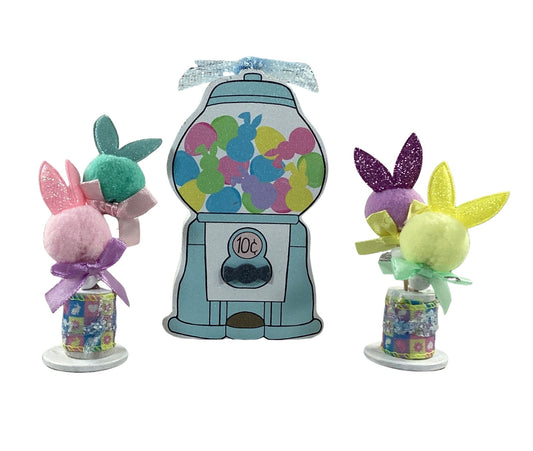 AGD Easter Decor - MDF Gumball Machine and Pom Pom Bunny Tier Tray 3pc