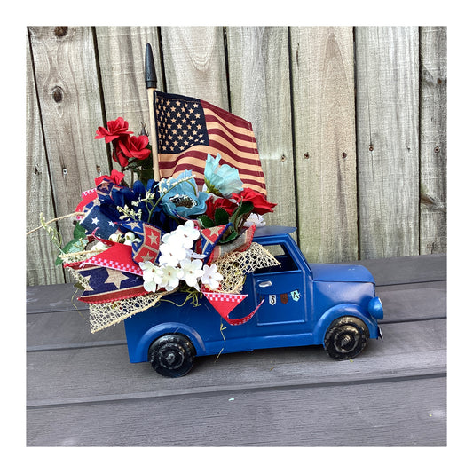 AGD Patriotic Decor - Vintage Metal Truck Floral Music Box Centerpiece