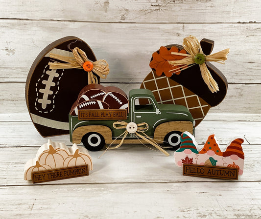 AGD Fall Decor - Wood Truck Football Autumn Acorn Pumpkin Tier Tray 5pc