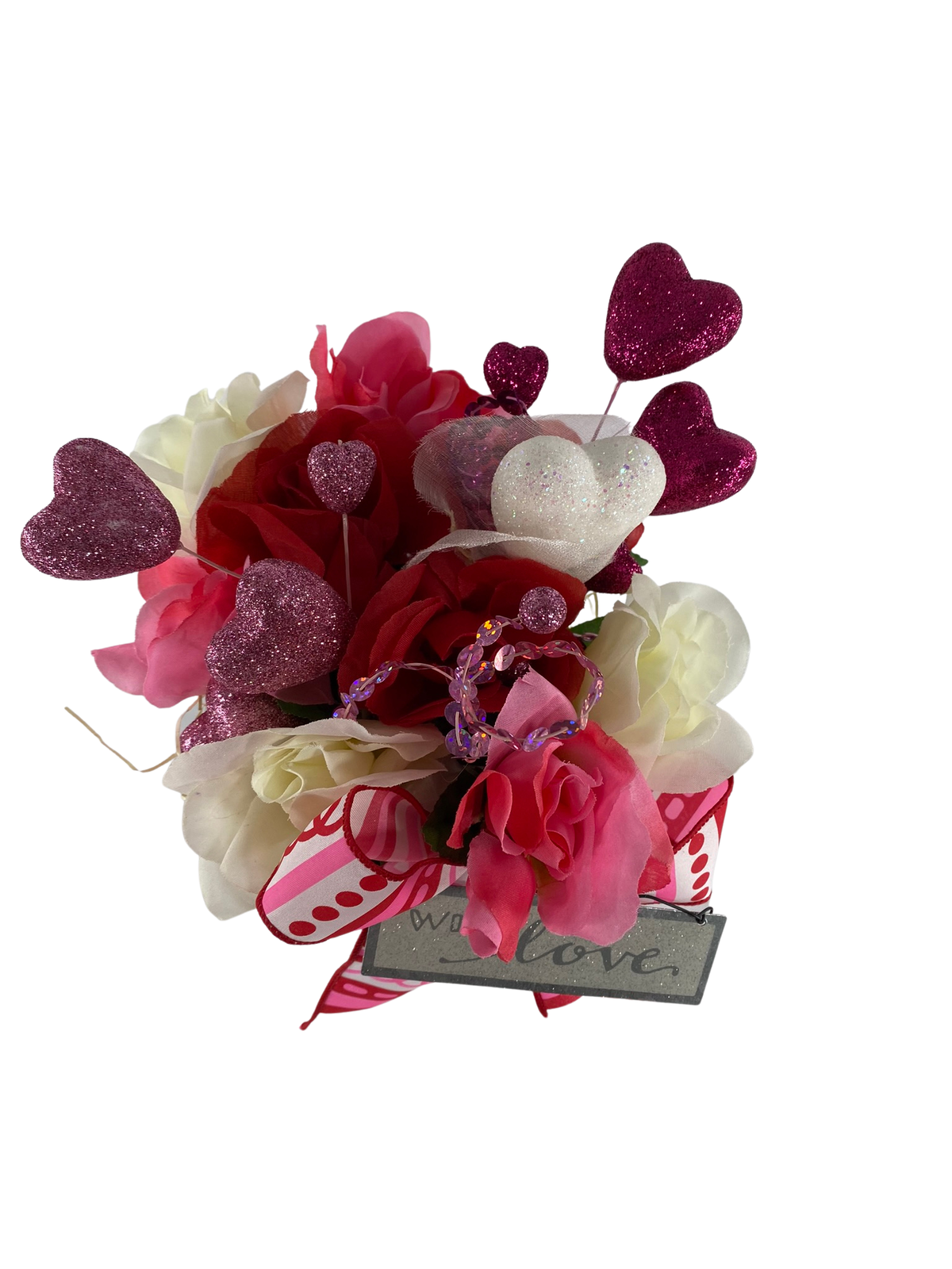 AGD Valentines Decor  – Pink Red White Floral I Love You Small Centerpiece