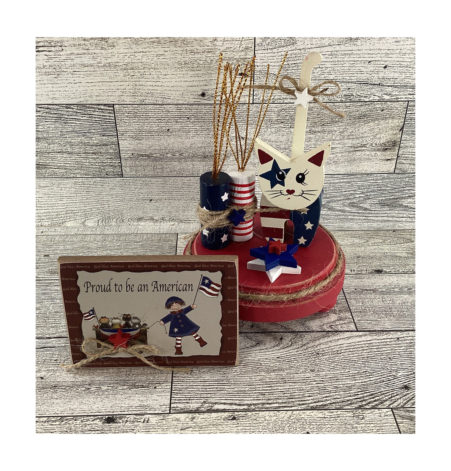 AGD Patriotic Decor - Red White Blue July 4th Wood Cat & Sign