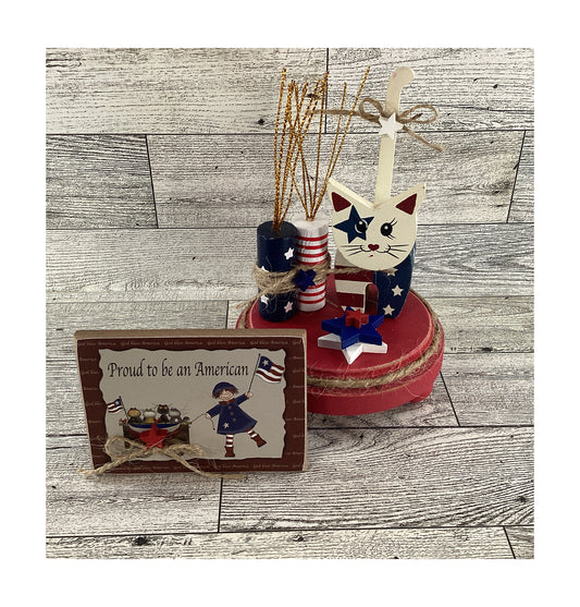 AGD Patriotic Decor - Red White Blue July 4th Wood Cat & Sign