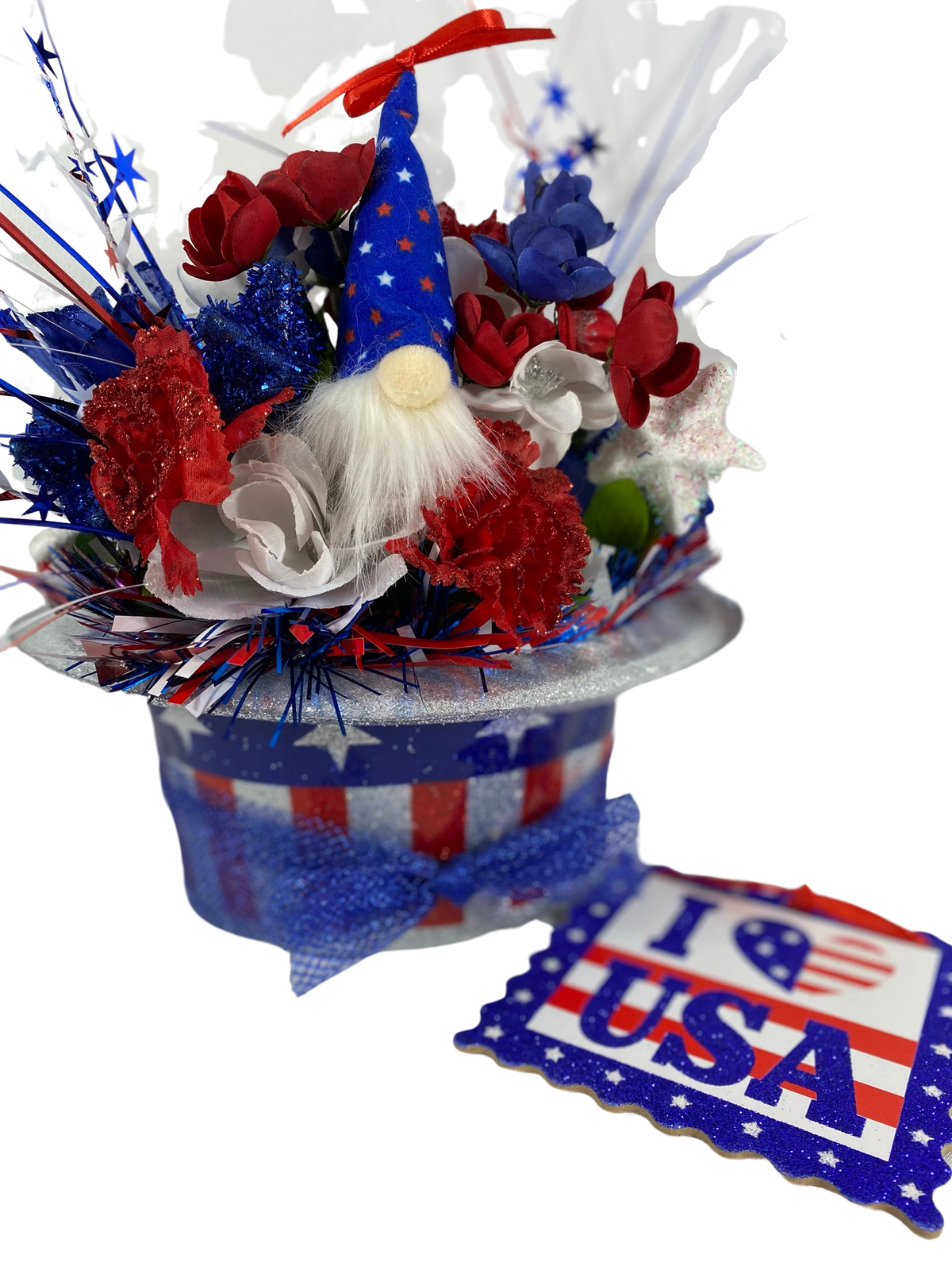 AGD Patriotic Decor  - Love the USA July 4th Gnome Floral Hat Centerpiece