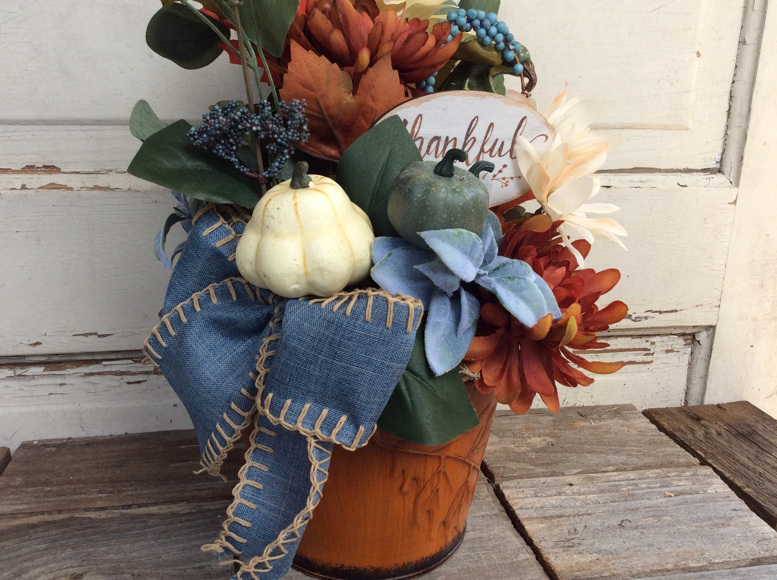 AGD Fall Decor - Thankful Floral Metal Planter Centerpiece