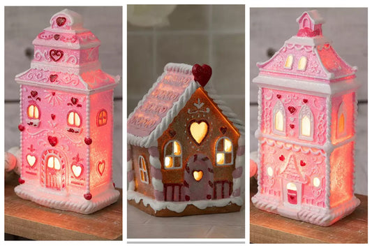 HL Valentines Decor - Pink White Glitter Light-Up Gingerbread House