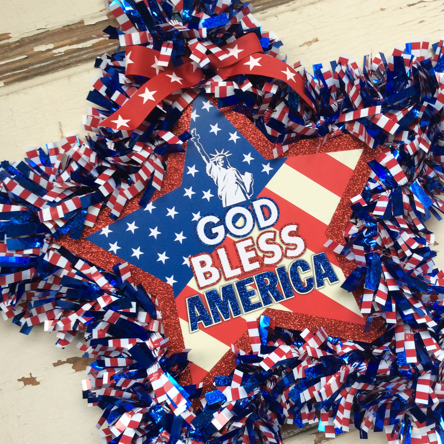 AGD Patriotic Decor - God Bless America TInsel Star Wreath