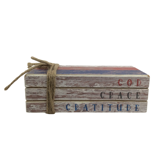 AGD Patriotic Decor - God Grace Gratitude Faux Wood Stacked Books