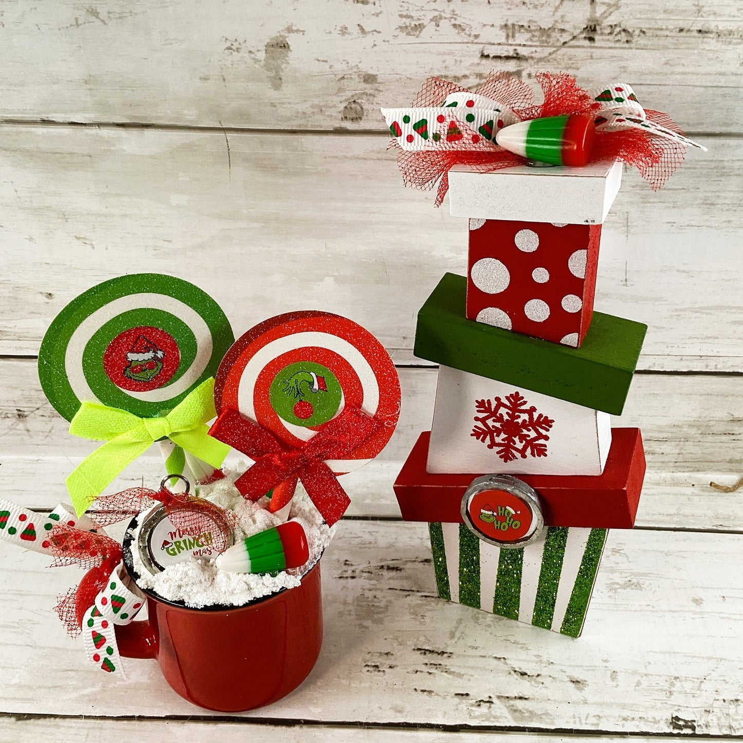 AGD Christmas Decor - Whimsy Red White Green Latte Cup Stacking Gifts 2pc