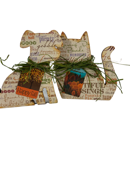 AGD Fall Decor - Happy Fall Welcome Autumn Wood Cat Dog 2pc Set