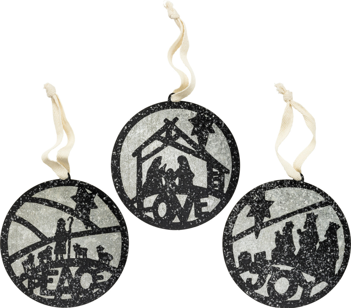 PBK Christmas Ornament - Tin Bulb Shape - Nativity Scene Silhouette 3pc #32713