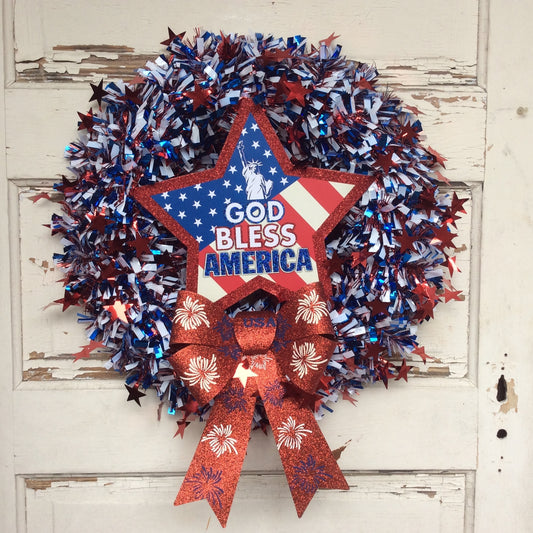 AGD Patriotic Decor - God Bless America Tinsel Wreath