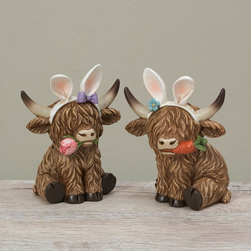 Easter Decor - Bunny Rabbit Resin Highland Cow Couple Figurine 2pc