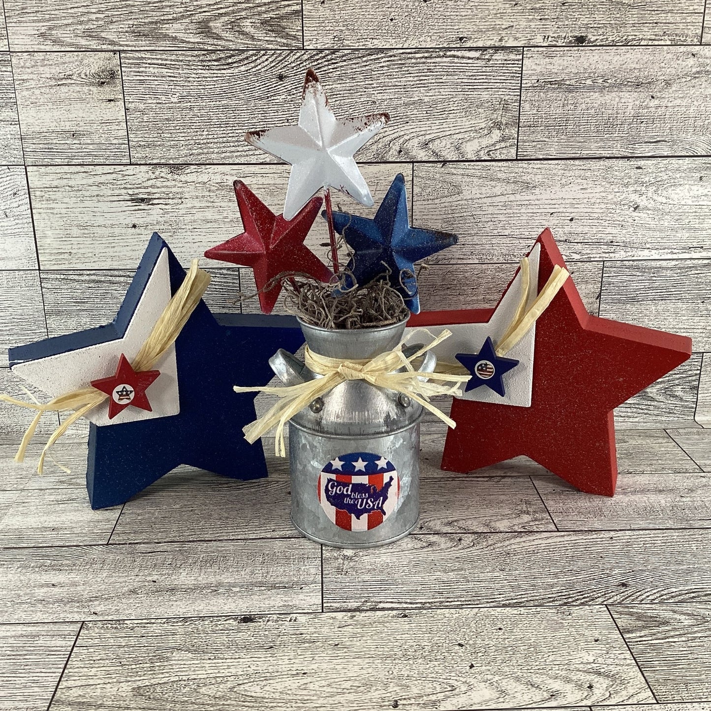AGD Patriotic Decor - Red White Blue Star Chunky Wood Sitter 3pc Set