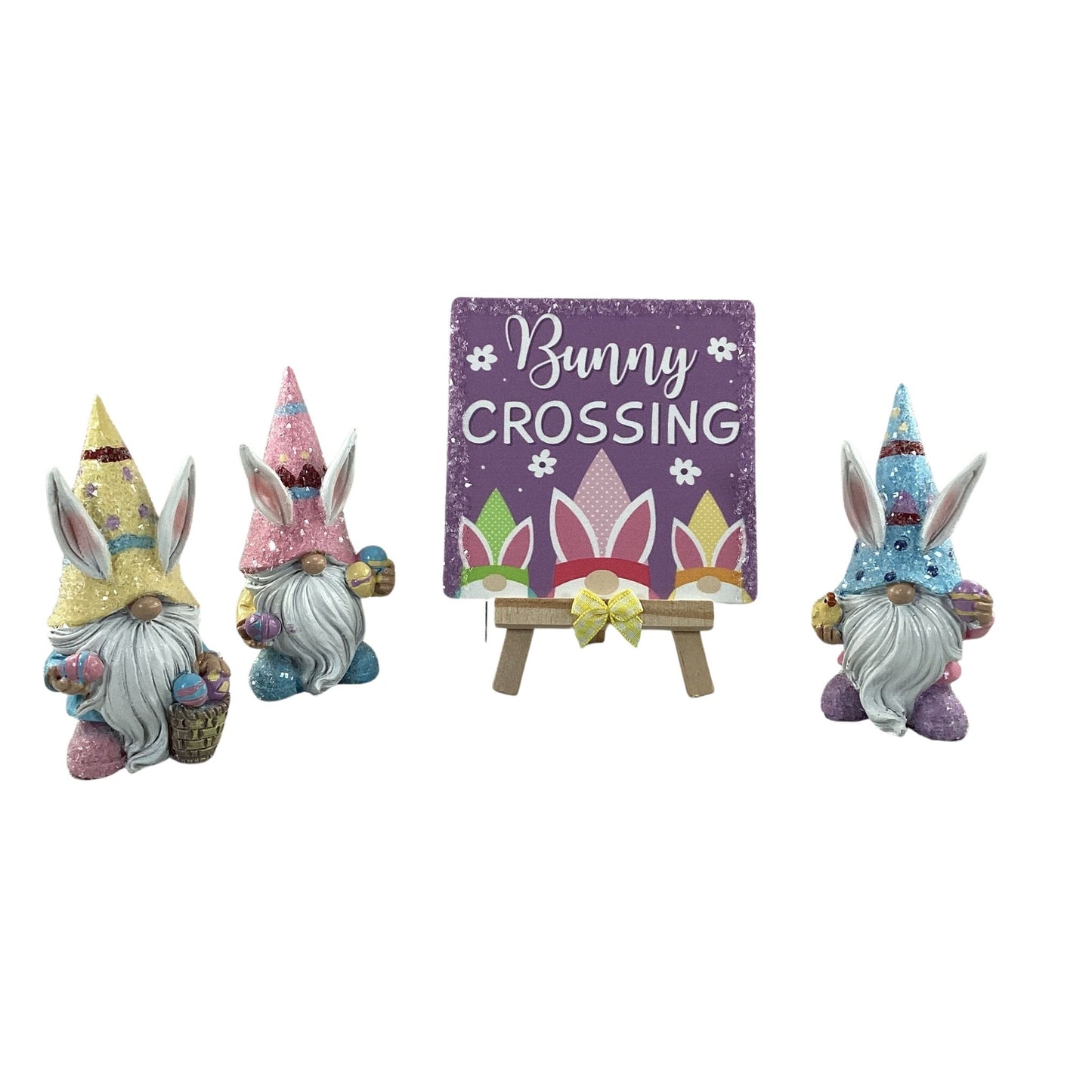 AGD Easter Decor - Resin Gnome Glitter Bunny Rabbit Tier Tray 4pc Set (F)