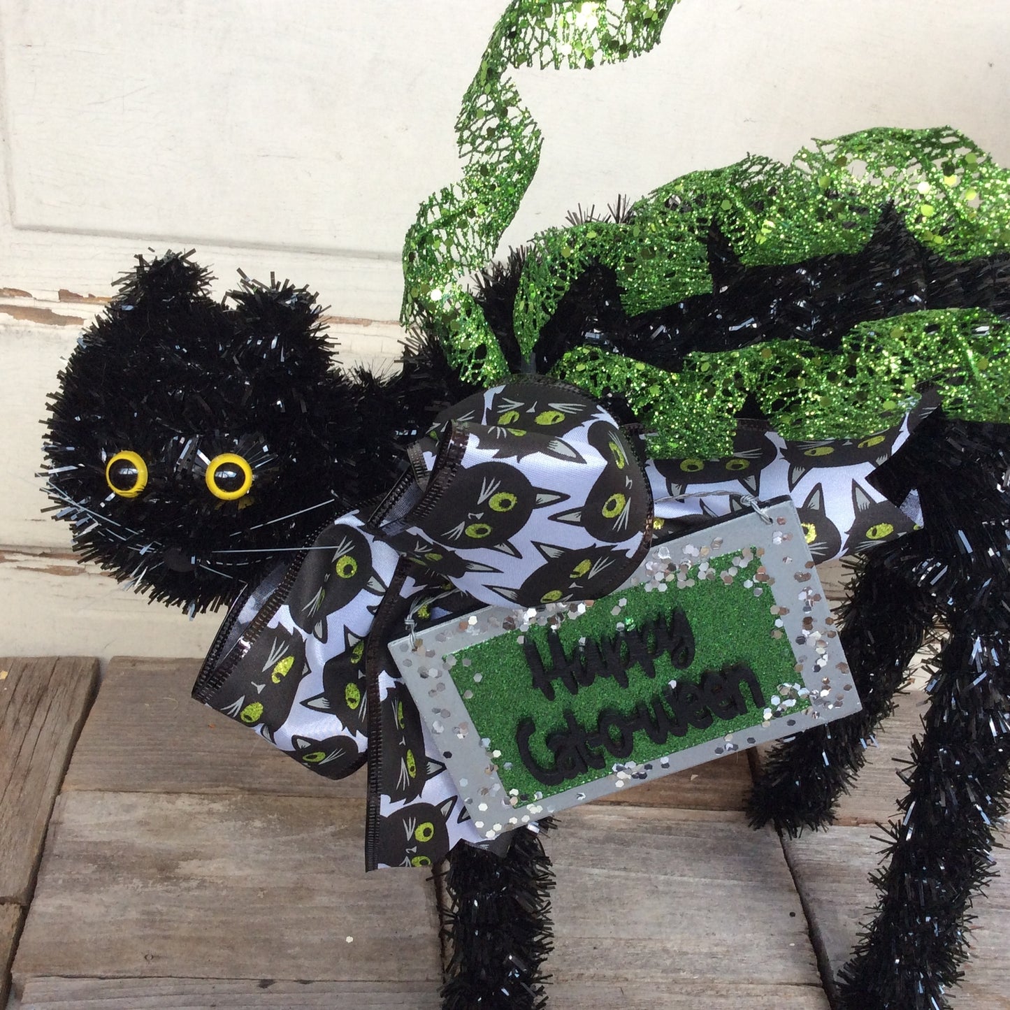 AGD Halloween Decor - HAPPY CAT-O-WEEN Tabletop BlackTinsel Cat