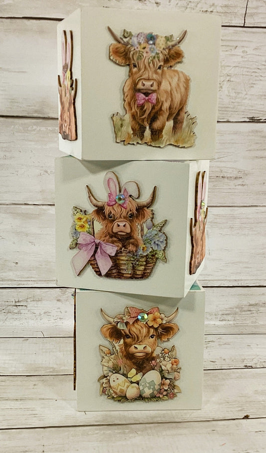 AGD Spring Decor - Floral Flower Highland Cow Chunky Block Signs 3pc