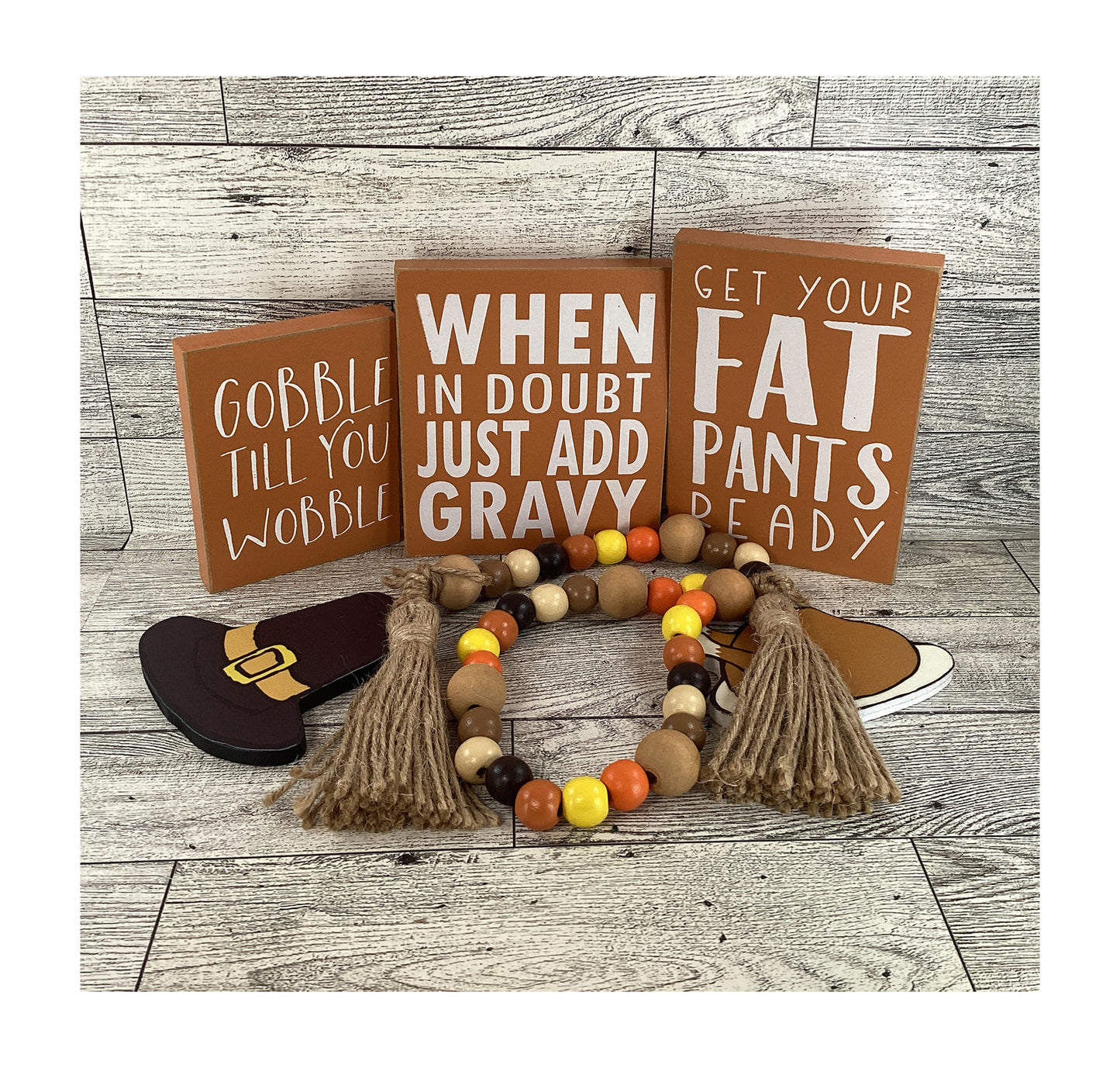 AGD Fall Decor - Wood Turkey Gobble Fat Pants Gravy Pilgrim Garland Tier Tray