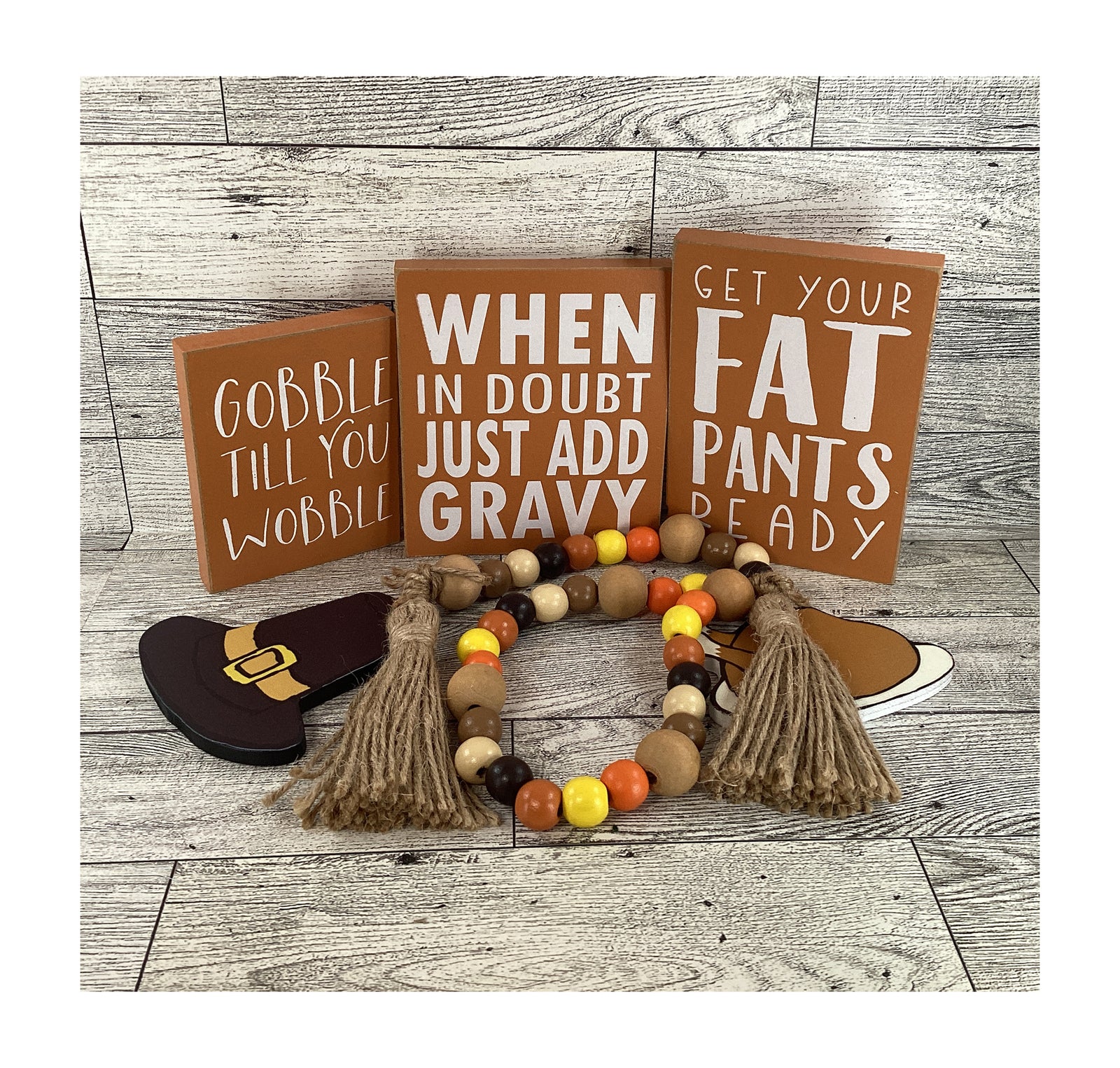 AGD Fall Decor - Wood Turkey Gobble Fat Pants Gravy Pilgrim Garland Tier Tray