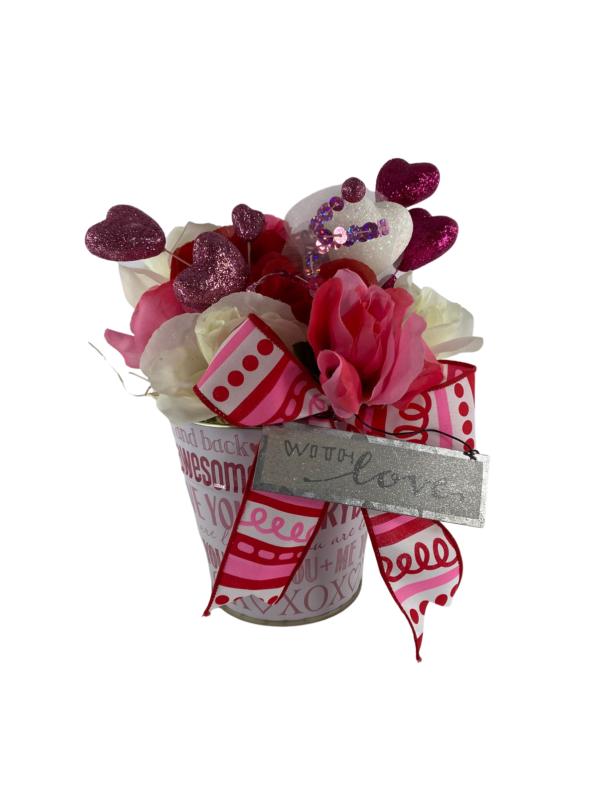 AGD Valentines Decor  – Pink Red White Floral I Love You Small Centerpiece