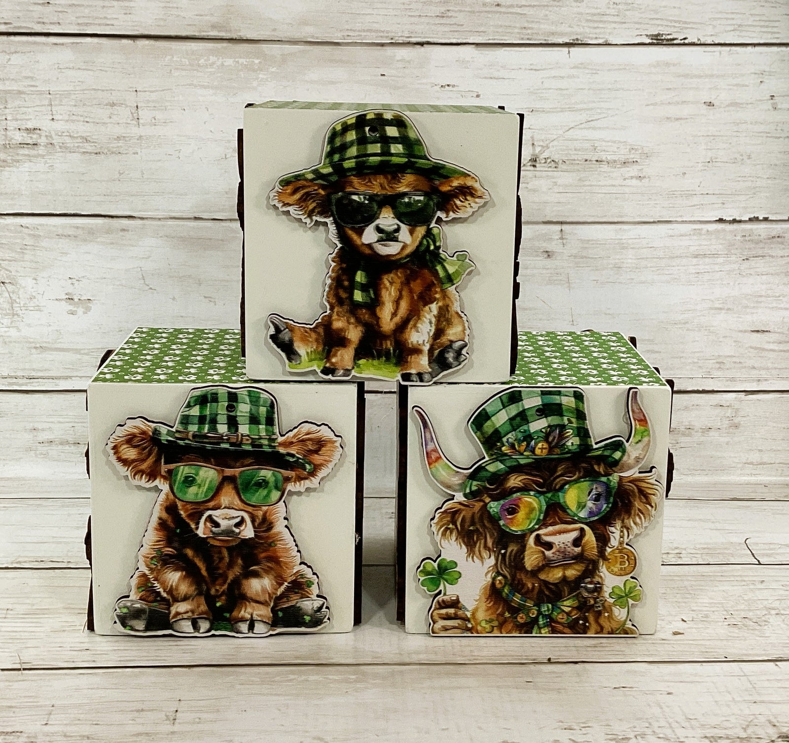 AGD AGD St Patrick Decor - Irish Highland Cow Wood Block 3pc