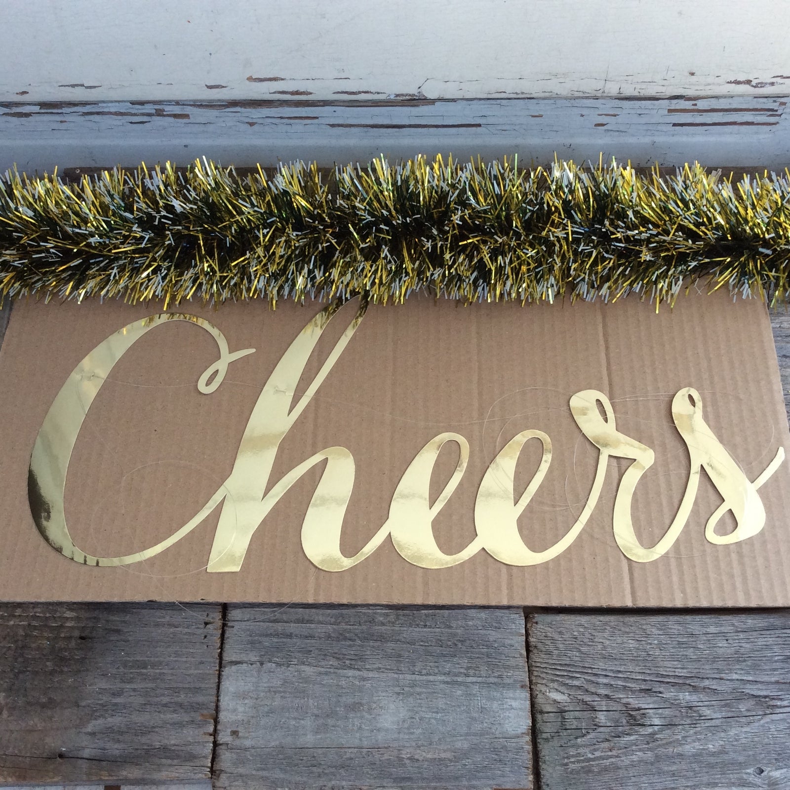 AGD New Years Eve Decor - Black Gold Tinsel with Cheers Sign Garland 12ft