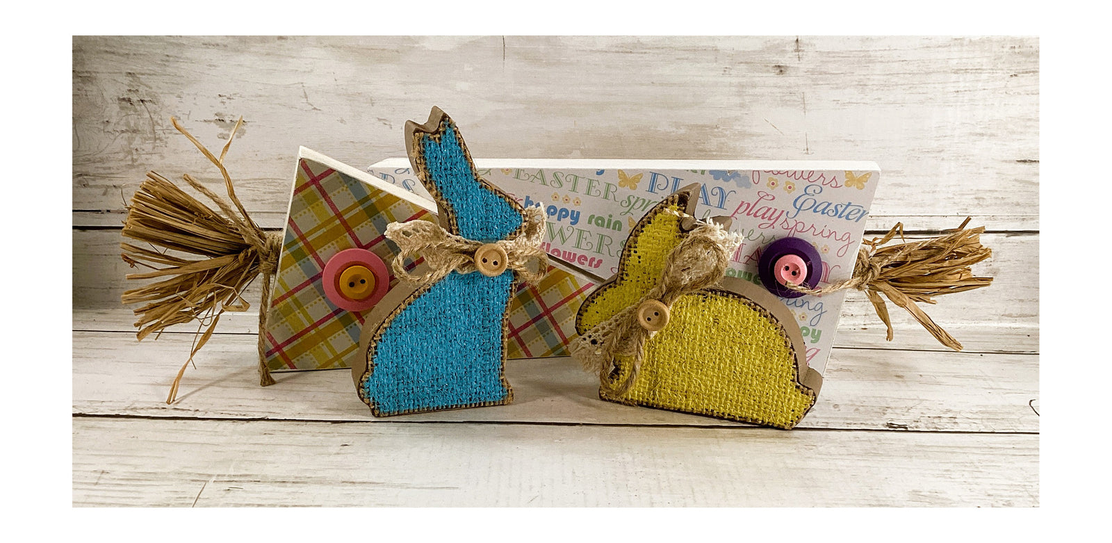AGD Easter Decor - Spring Plaid Reversible Wood Carrot Runny Rabbit 4pc Set