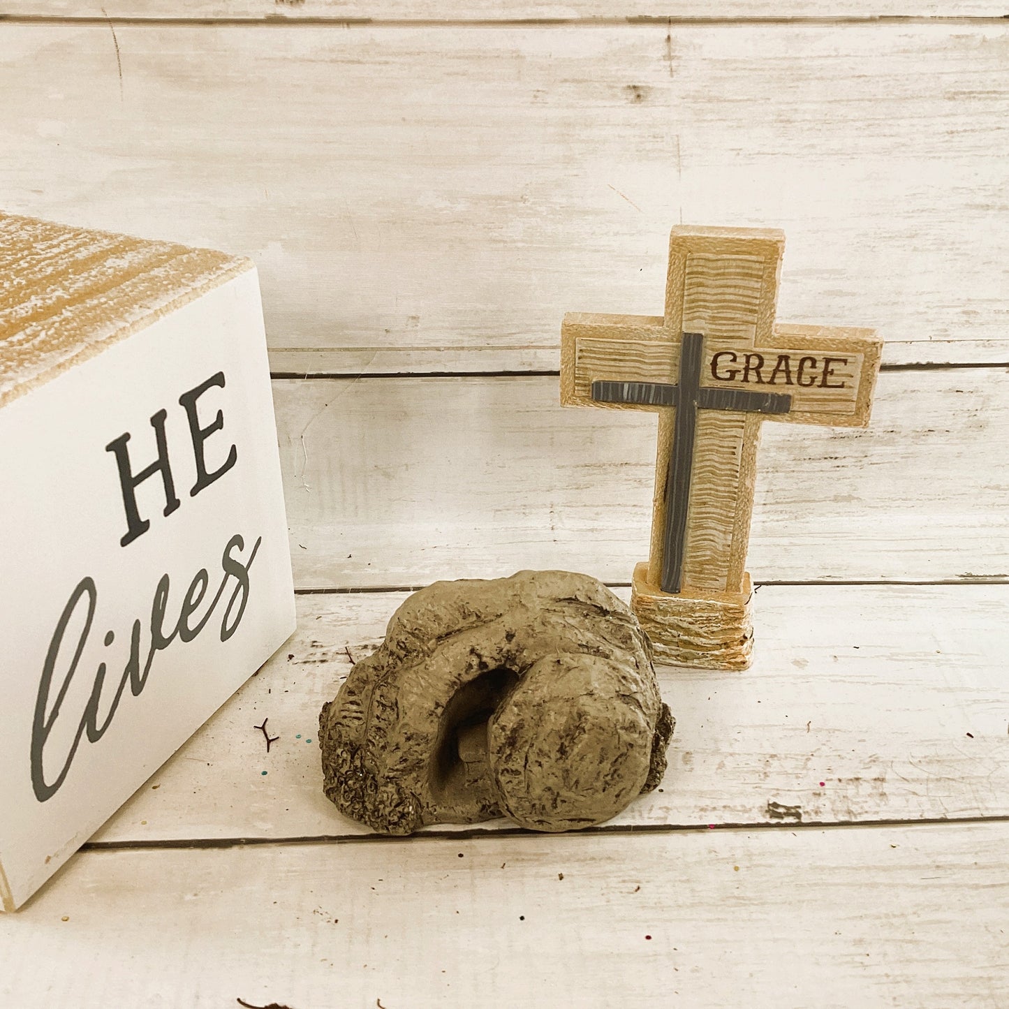 Easter Decor - Resurrection He Lives Risen Cross Grace Tomb 3pc Set