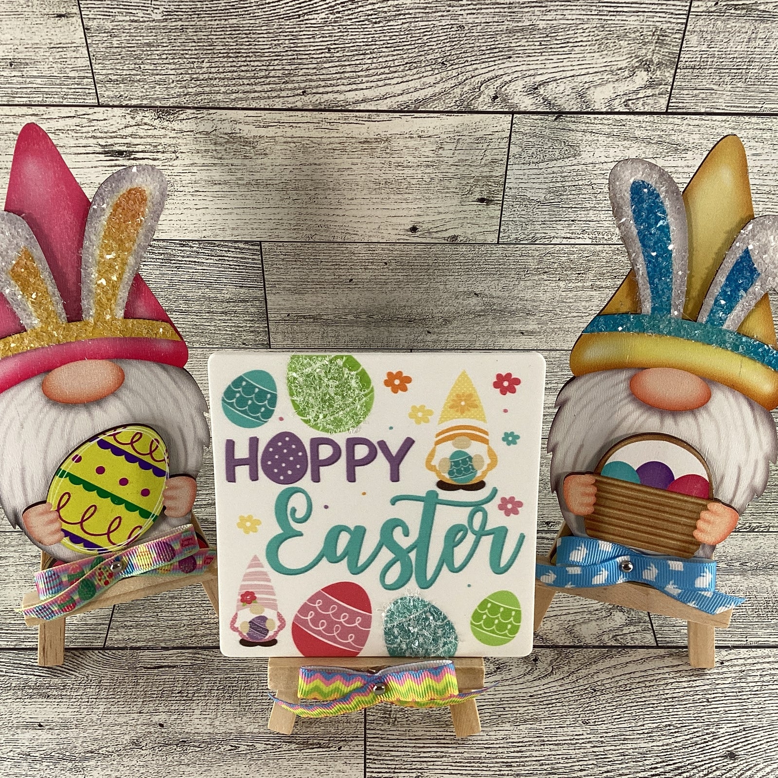 AGD Easter Decor - Wood Gnome Glitter Bunny Rabbit Tier Tray 3pc Set