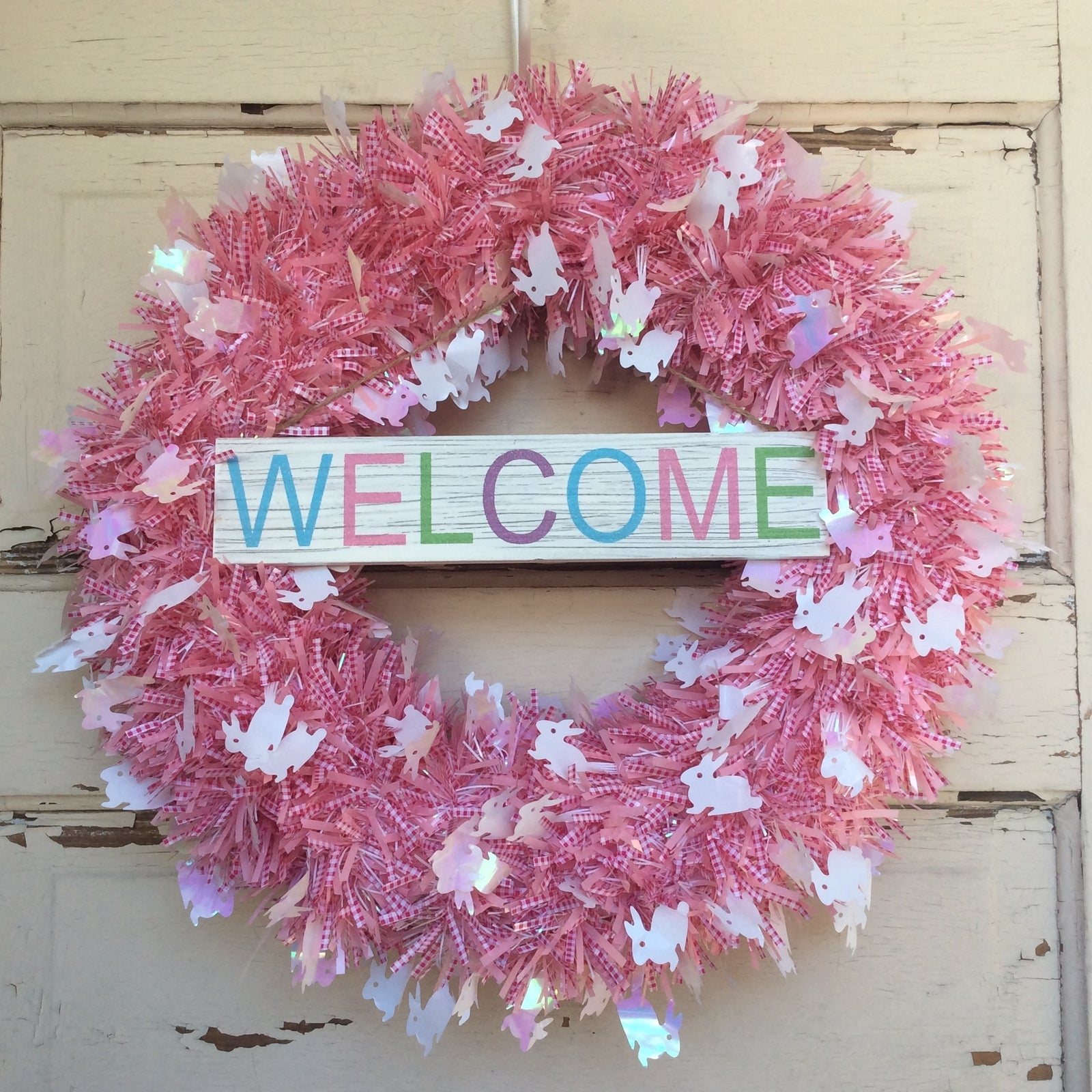 AGD Spring Decor - Welcome Happy Easter PINK Tinsel Wreath & Garland