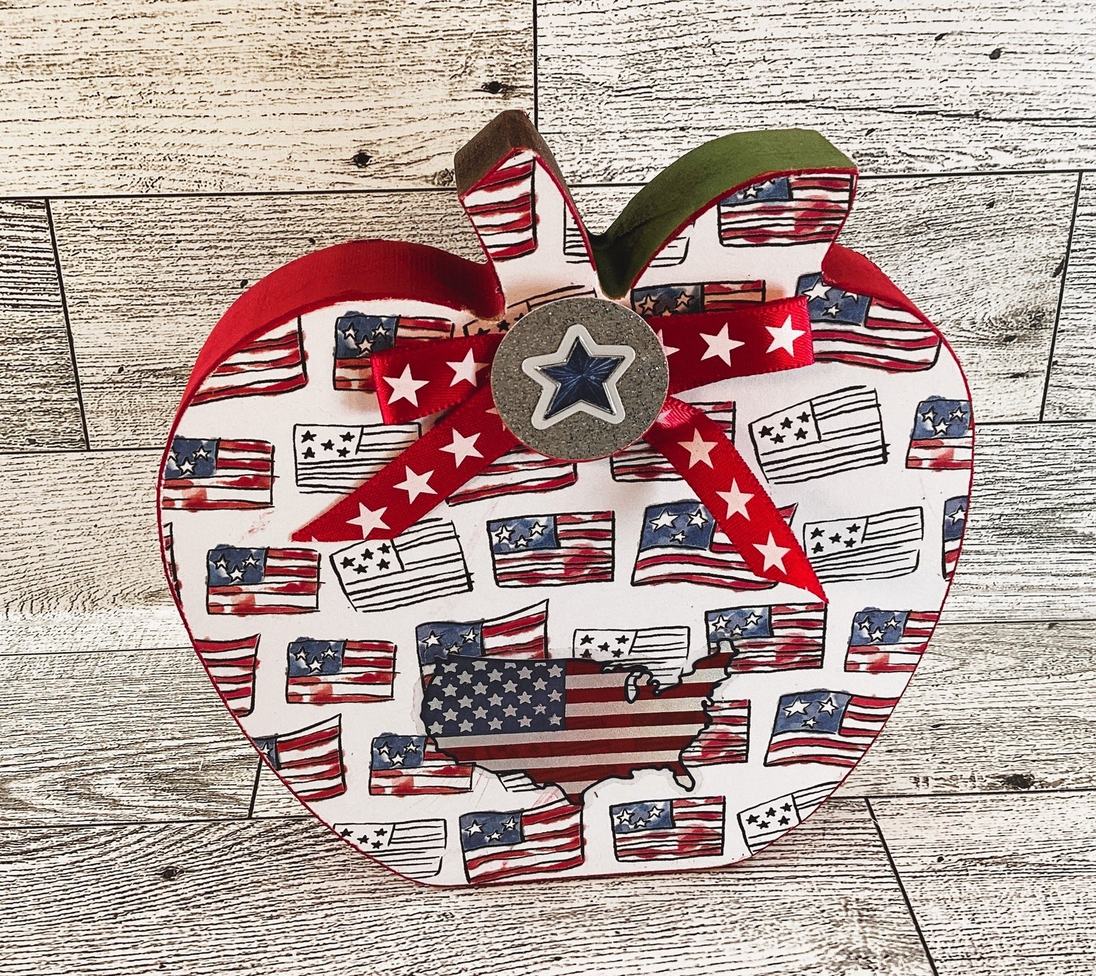 AGD Patriotic Decor - July 4th Red White Blue Chunky Wood Apple Sitter