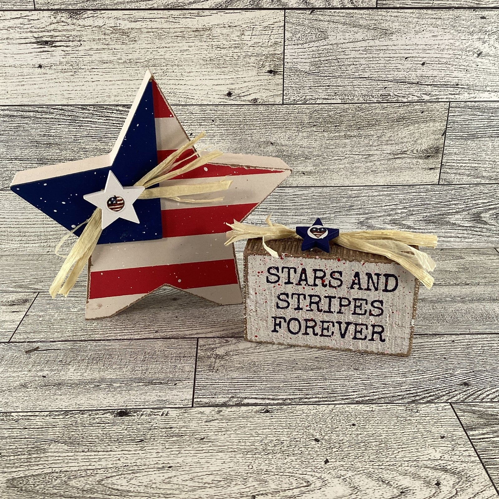 AGD Patriotic Decor - Stars Stripes Block Sign Chunky Wood Star Sitters 2pc Set