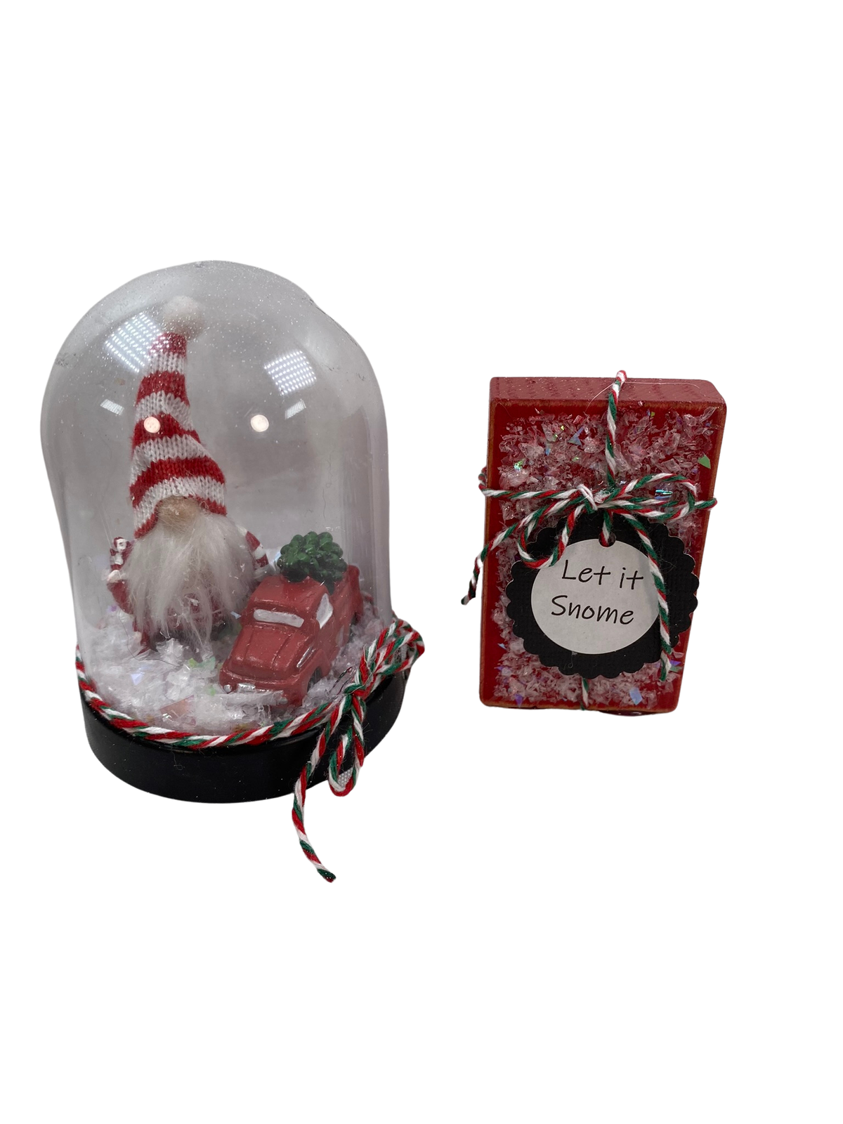 AGD Christmas Decor - Let it Snome Resin Santa Gnome Cloche Dome 2pc