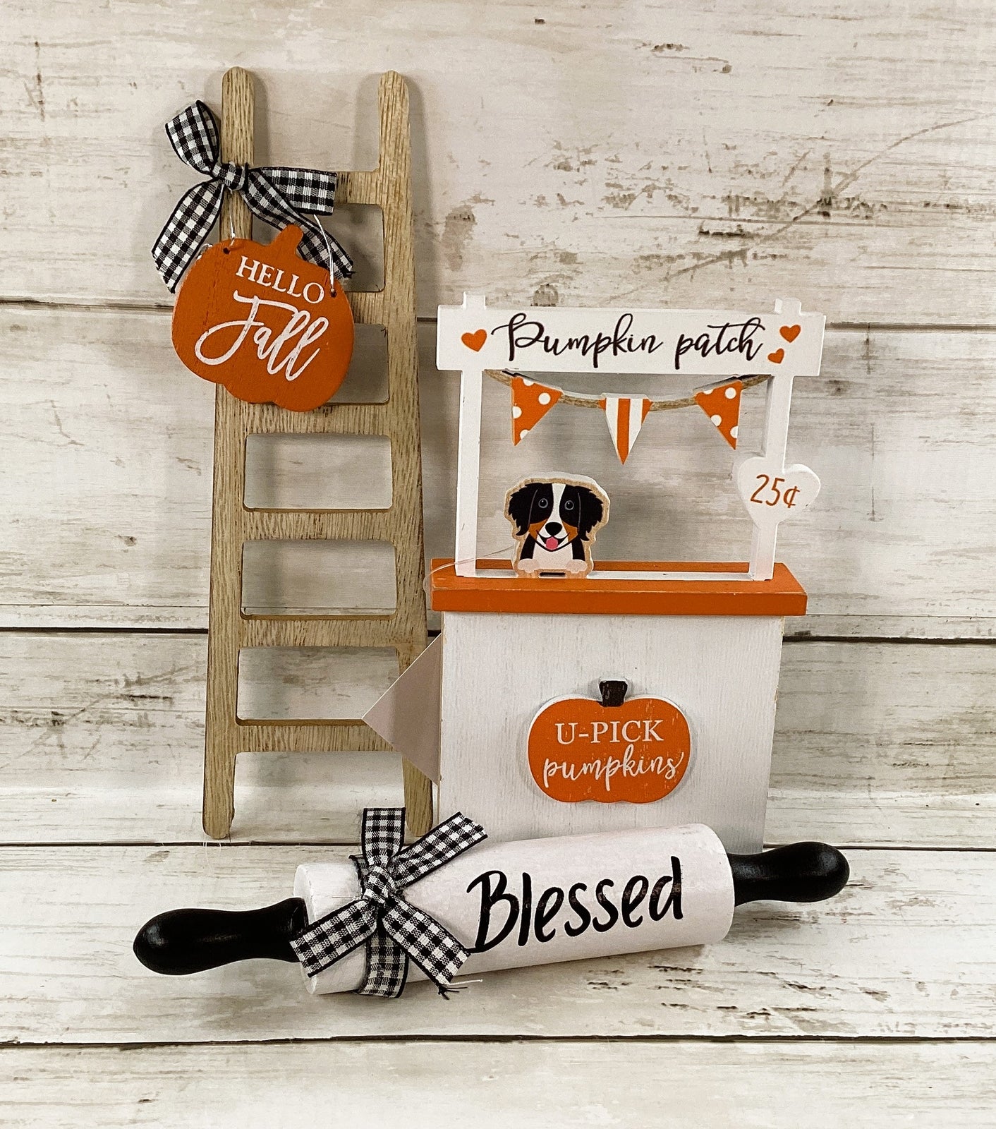HL Fall Decor - Wood Pumpkin Patch Puppy Ladder Pin Tier Tray 3pc Set